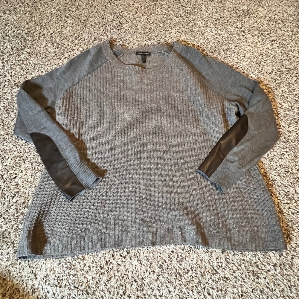 Eileen Fisher Merino Wool Yak Gray Ribbed Sweater Leather Elbow Patches XL F4AYK